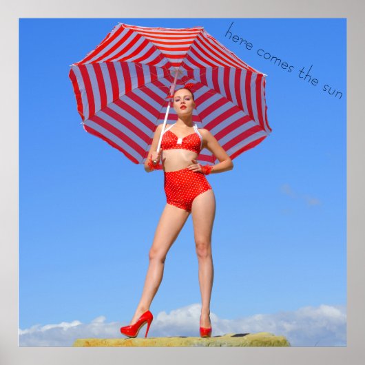 Retro bikini model/rode strepe parasol poster (Voorkant)