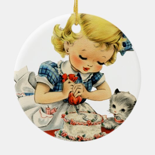 Retro Birthday Girl Cake Cat Artwork Keramisch Ornament (Achterkant)