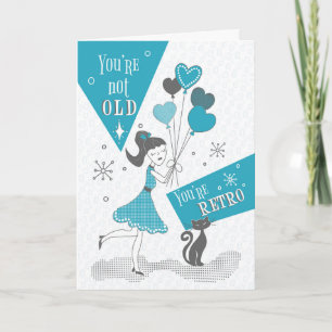 Retro Birthday Girl met Heart Balloons en Black Kaart