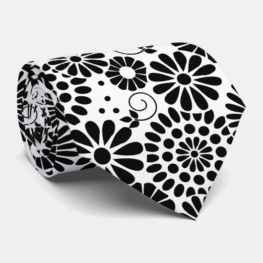 Retro Black and White Chic Folk Flowers Pattern Stropdas (Opgerold)