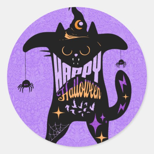 Retro Black Cat Funny Halloween Ronde Sticker (Voorkant)