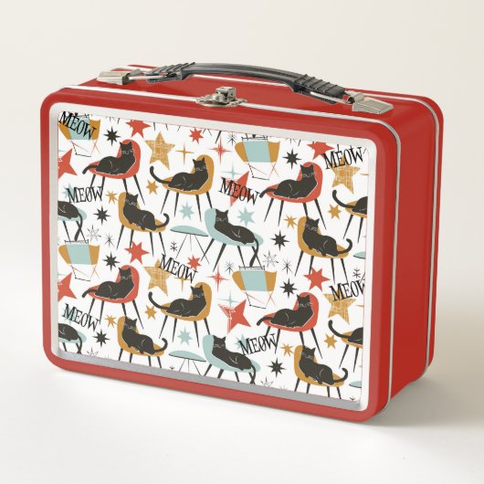 Retro Black Cat in Atomic MCM Metal Lunch Box (Devant)