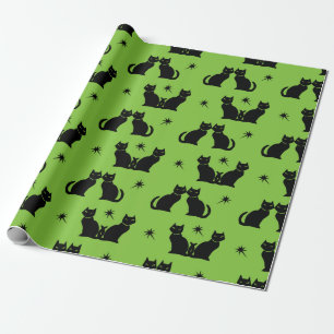 Retro Black Cat Kat op groen inpakpapier