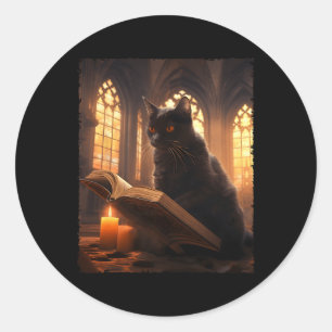 Retro Black Cat Leesboek Halloween Boo Ronde Sticker