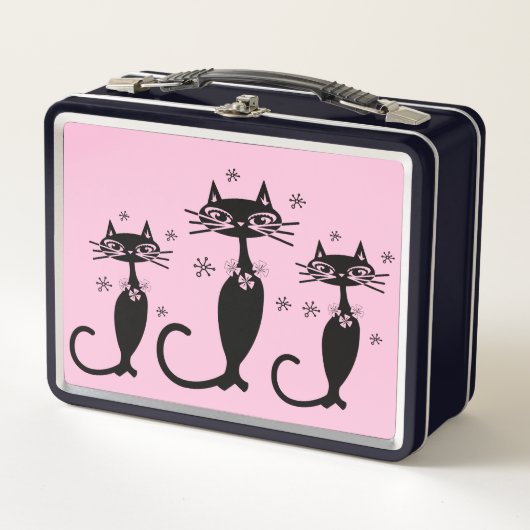 RETRO BLACK CAT PINK METAL LUNCHBOXEN (Voorkant)