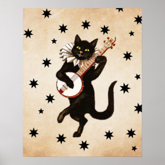 Retro  Black Cat Plays Banjo | Cat Gift Poster