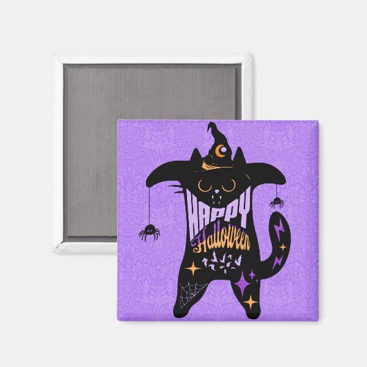 Retro Black Cat Witch Funny Halloween Magneet (Voorkant / Achterkant)
