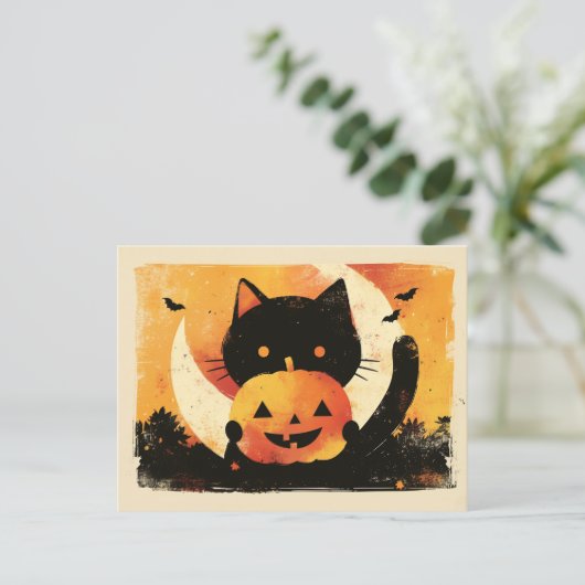 Retro Black Cat with Jack O' Lantern Briefkaart (Staand voorkant)