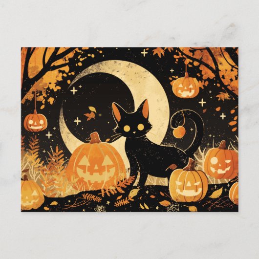 Retro Black Cat with Jack-o’-Lanterns Briefkaart (Voorkant)