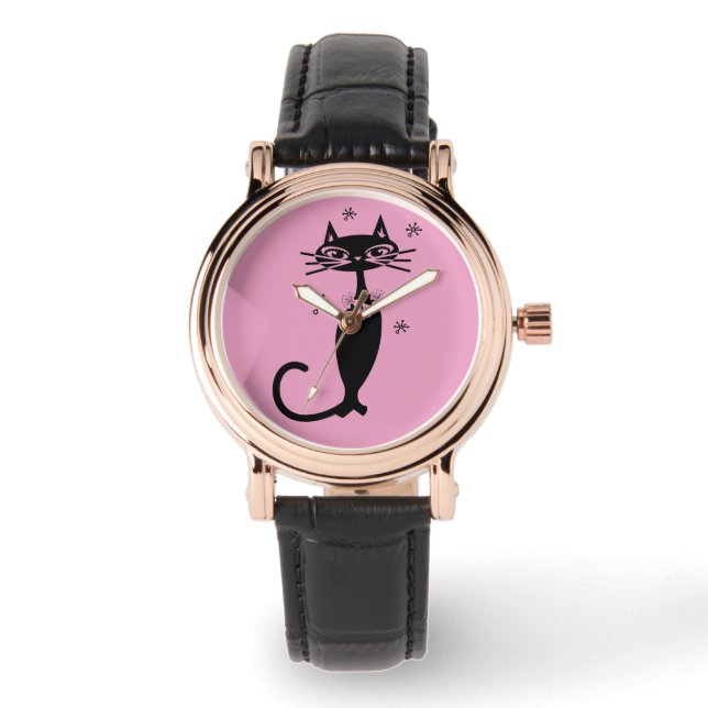 RETRO BLACK CAT WOMENS PIMK WRIST WATCH HORLOGE (Voorkant)