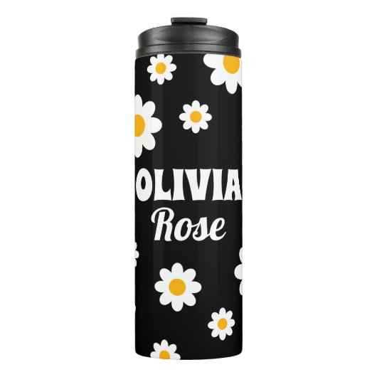 Retro Black Daisy 70's Hippie Custom Name Thermosbeker (Voorkant)