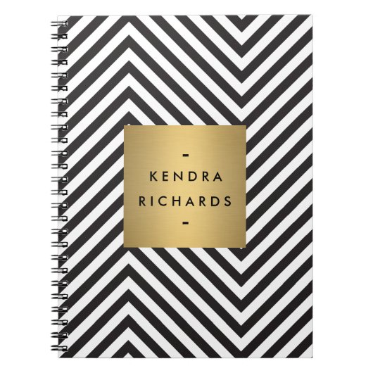 Retro Black en White Pattern Gold Name Logo Notitieboek (Voorkant)