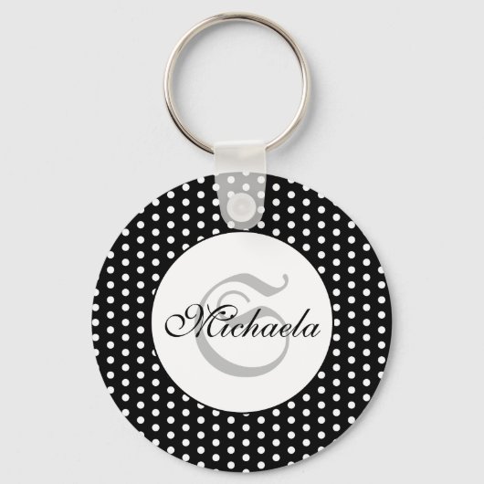  retro Black en White polka dots Monogram Sleutelhanger (Voorkant)
