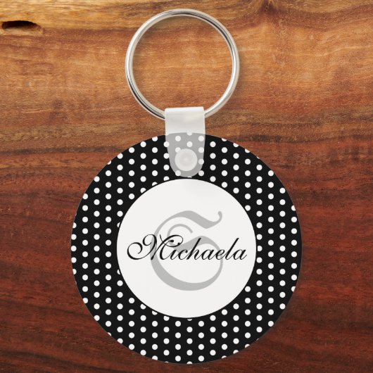  retro Black en White polka dots Monogram Sleutelhanger (Achterkant)