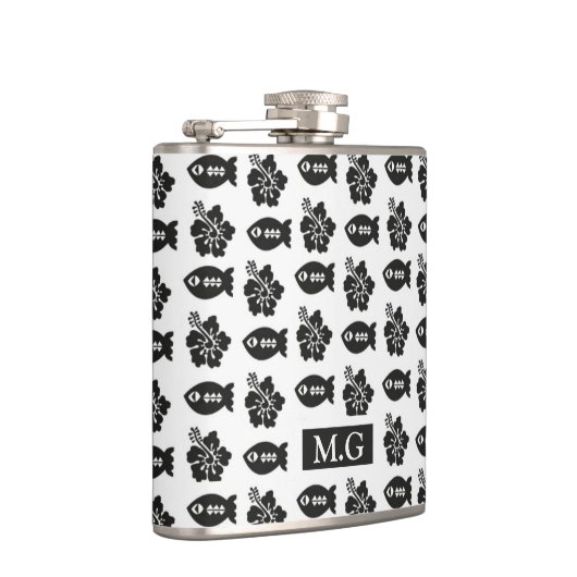 Retro Black en White Tiki Pattern Monogram Heupfles (Rechts)