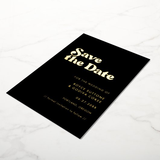 Retro black & gold bruiloft met de datumfolie kaar folie uitnodiging (Gedraaid)