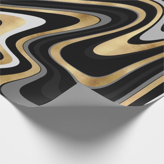 Retro Black Gold Wavy Lines Modern Design Cadeaupapier (Hoek)