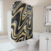 Retro Black Gold Wavy Lines Modern Design Douchegordijn (In situ)