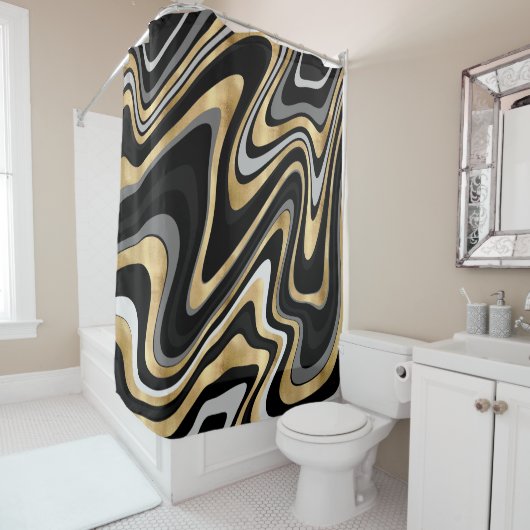 Retro Black Gold Wavy Lines Modern Design Douchegordijn (In situ)