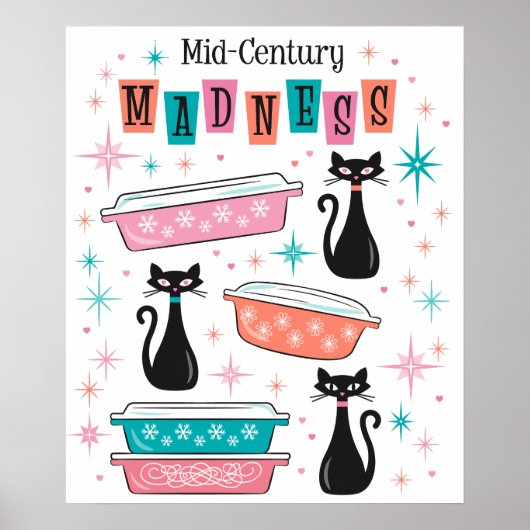 Retro Black Kitty Katten Pyrex Midden-eeuws waanzi Poster (Voorkant)