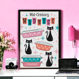 Retro Black Kitty Katten Pyrex Midden-eeuws waanzi Poster