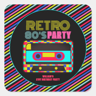 Retro Black Neon Cassette Tape 80s Birthday Party Vierkante Sticker