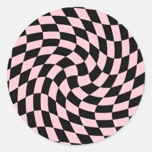 Retro Black Pink Pastel Warped Checkered Ronde Sticker