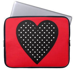 Retro Black Polka Dot Heart op rode achtergrond Laptop Sleeve