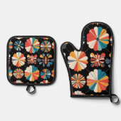 Retro Black Rainbow geometric Flowers Pattern Ovenwant & Pannenlap Set (Voorkant)