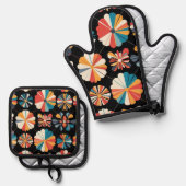 Retro Black Rainbow geometric Flowers Pattern Ovenwant & Pannenlap Set (Voorkant / Achterkant)