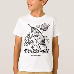 Retro Black White Space Travel Rocket Astronaut T-shirt