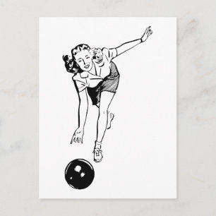 Retro  Black & White Ten Pin Bowling Woman Briefkaart