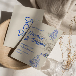 Retro Blau Handgetekende Champagne Toren Cake Brui Save The Date