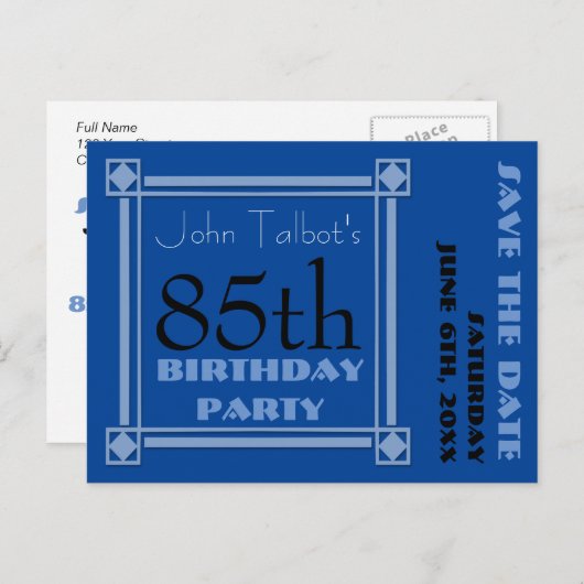 Retro Blauw 85e verjaardagsfeest Save the Date P Aankondigingskaart (Voorkant / Achterkant)
