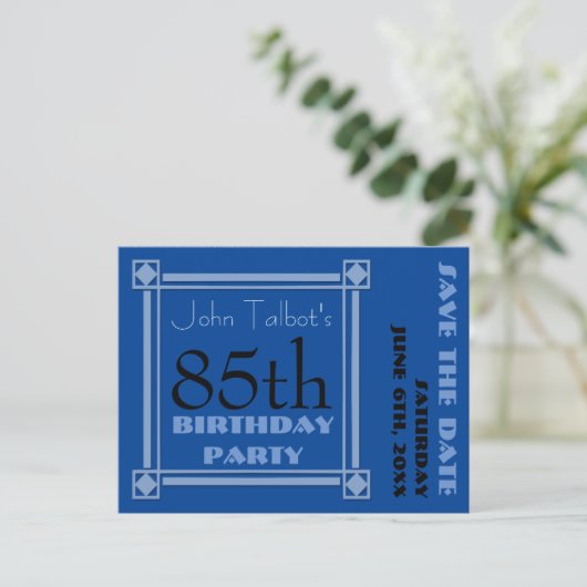 Retro Blauw 85e verjaardagsfeest Save the Date P Aankondigingskaart (Staand voorkant)