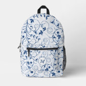 Retro blauw blad wervelpatroon monogram bedrukte rugzak (Voorkant)