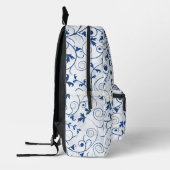 Retro blauw blad wervelpatroon monogram bedrukte rugzak (Links)