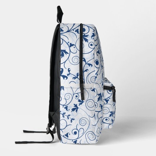 Retro blauw blad wervelpatroon monogram bedrukte rugzak (Links)