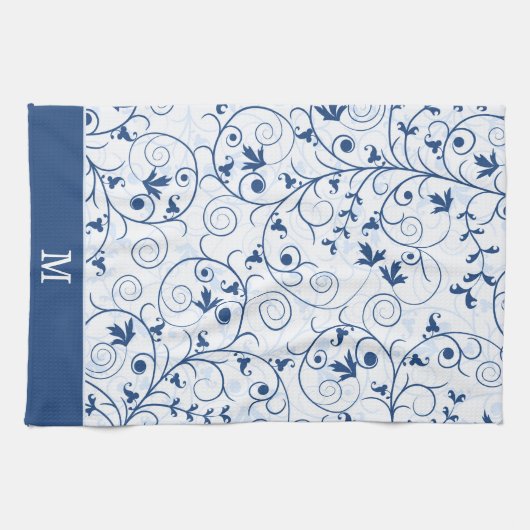 Retro blauw blad wervelpatroon monogram theedoek (Horizontaal)
