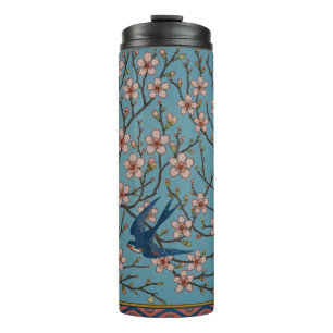 Retro Blauw Bloemmotief met Zwaluwen van Walter Cr Thermosbeker