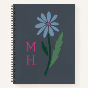 Retro Blauw Bloemmotief Roze Monogram Leisteengrij Notitieboek