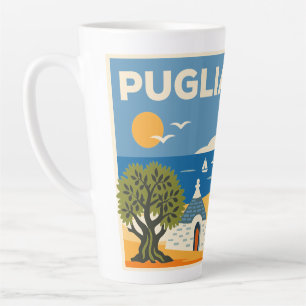 Retro Blauw en Geel Puglia Kust Trullo Reis Latte Mok