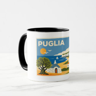 Retro Blauw en Geel Puglia Kust Trullo Reis Mok