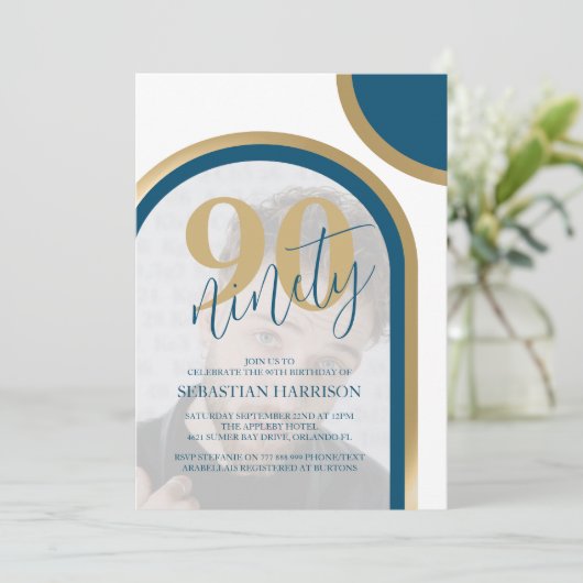 Retro blauw en goud foto 90e verjaardag kaart (Staand voorkant)