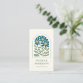Retro Blauw en Groen Bloemmotief Visitekaartje (Staand voorkant)