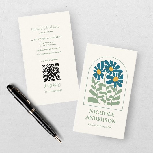 Retro Blauw en Groen Bloemmotief Visitekaartje