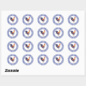 Retro Blauw en Wit Frans Haan en Bloemen Ronde Sticker (Vel)