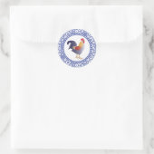 Retro Blauw en Wit Frans Haan en Bloemen Ronde Sticker (Tas)