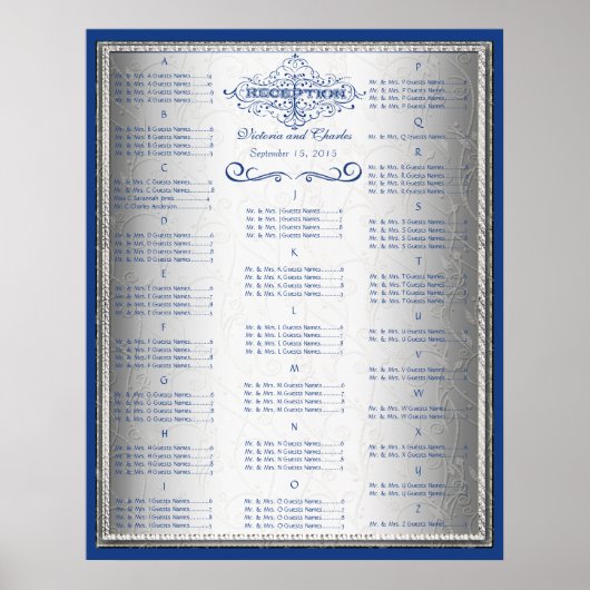 Retro Blauw en Zilver Wedding Guest Seating Chart Poster (Voorkant)