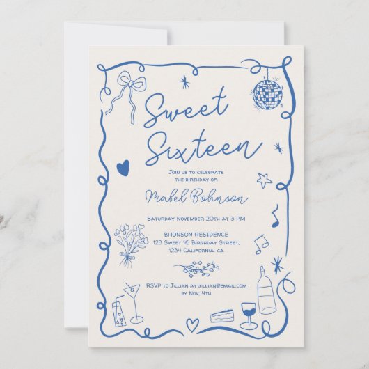 Retro blauw Franse hand getekend geïllustreerd Swe Kaart (Voorkant)